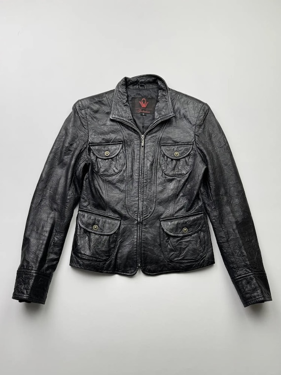 Vintage Real Leather Jacket Women's Black Utility Jacket 90s Motorcycle Style Outerwear