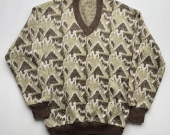 Vintage Men’s Wool Sweater 90s Patterned Knit Pullover Brown Beige V Neck Retro Jumper