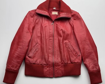 Vintage Red Real Leather Bomber Jacket Ribbed Collar Cuffs Y2K Style