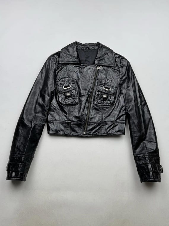 Vintage Black Real Leather Cropped Jacket Biker Moto Zip Y2K