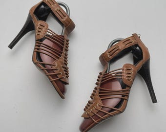Vintage Leather Strappy Heels Lace Up High Heel Sandals Women's