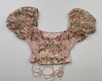 Vintage Butterfly Mesh Corset Top Puff Sleeve Fairy Grunge Sheer Floral Crop Top Coquette