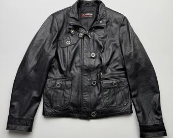 Vintage-Echtlederjacke für Damen, schwarz, mit vielen Taschen und Knopfleiste, Retro-Biker-Stil