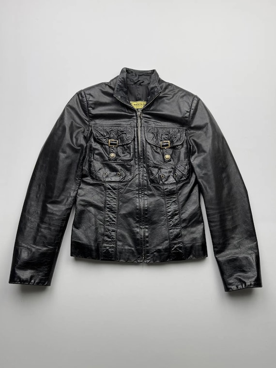 Vintage Black Leather Jacket Cropped Zip Up Moto Biker Utility Y2K Women's Leather Coat