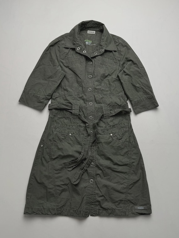 olive green utility dress Y2K Shirt Safari Cargo Midi Dress Belted Military Style EARLY50D