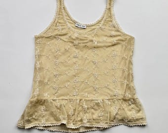Top vintage in pizzo, canotta da donna trasparente con stampa floreale in rete, peplo, camicetta senza maniche stile Y2K