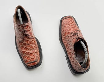 Vintage Leather Oxford Shoes Embossed Croc Print Lace Up Square Toe Y2K Loafers
