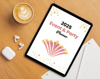 Könnte beinhalten: Ein weißes Tablet mit schwarzem Rahmen, auf dem ein 2025 Event & Party Planner angezeigt wird. Das Cover zeigt ein pinkfarbenes und gelbes Feuerwerkdesign mit Konfetti und Sternen.