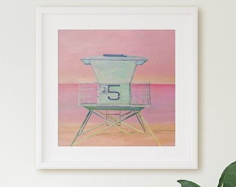 May include: A painting of a lifeguard stand on a beach with a pink sky. The stand is painted in a light blue color and has the number "5" on the side.