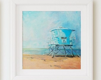 Carlsbad Lifeguard Tower Painting, Coastal Beach Art Print, San Diego Surf Decor