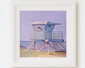 Encinitas Beach art, Moonlight Beach, San Diego, California, Art print of Lifeguard tower, coastal beach themed decor, ready to hang option