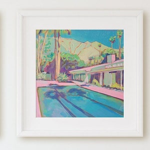 California Contemporary wall art. Painting of Palm Springs Pool Side. Modern art style with unique palette. California desert and mountains