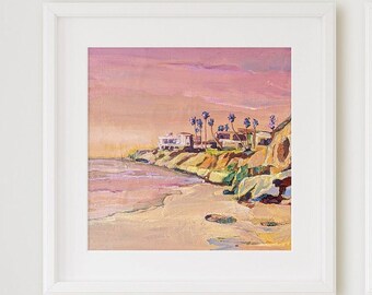 May include: A painting of a beach scene with a pink sky, palm trees, and a white house on a cliff. The beach is sandy and the water is a light blue.