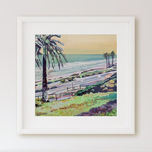Del Mar California art, Painting of Powerhouse Park.  California Coastline with Palm tree, Great Coastal decor,  created by San Diego artist