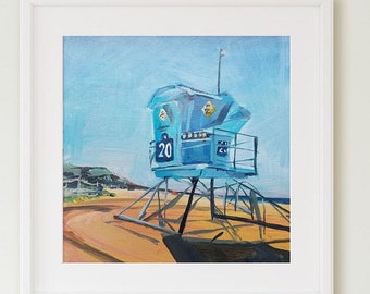 May include: A painting of a blue lifeguard stand on a beach with the number 20 on the side. The stand is on a wooden platform with a metal railing. The beach is sandy and there is a blue sky in the background.