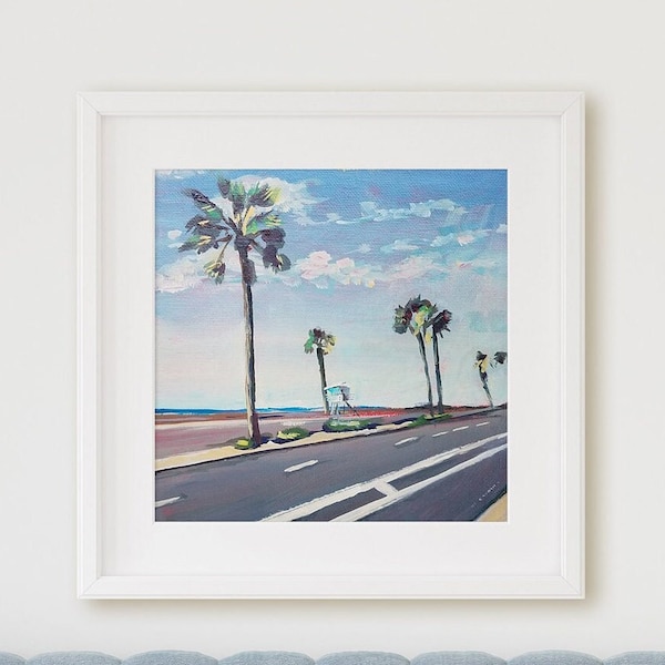 Southern California Art, Hwy 101, Carlsbad Ca, Tamarack Beach, Palm Tree and Blue skies. Lifeguard tower, Great gift, Christmas Gift