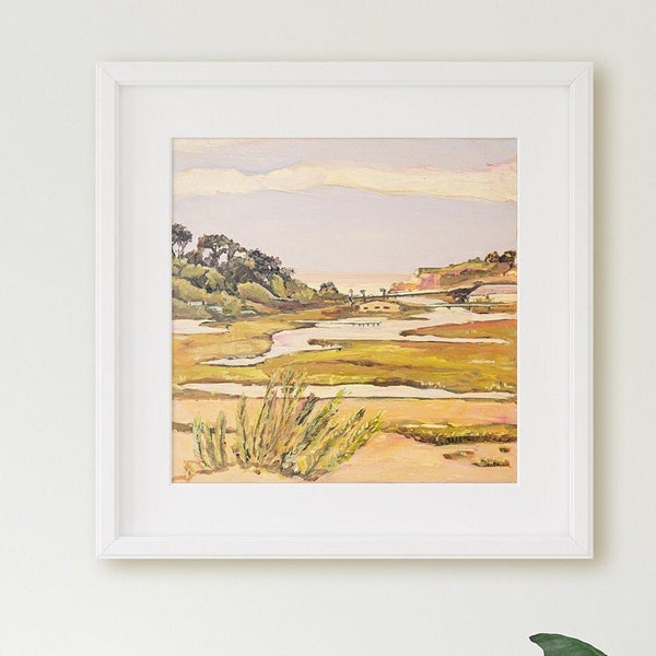 Painting of Lagoon facing Dog Beach in Del Mar, Del Mar, California wall art, art prints and canvas prints available, Framed, ready to hang