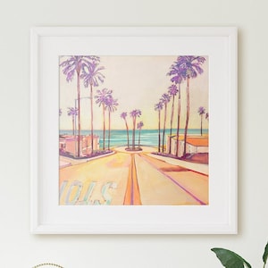 Oceanside Wall Art, Print of Surfrider Street with View of The Strand, California.  Bright Orange, Pinks and Purples. Multiple size options