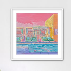 May include: A framed painting depicting a swimming pool area with green lounge chairs, a striped umbrella, and a yellow building wall under a vibrant pink sky. The artwork features a blue pool surface and a sign with text on the building wall.