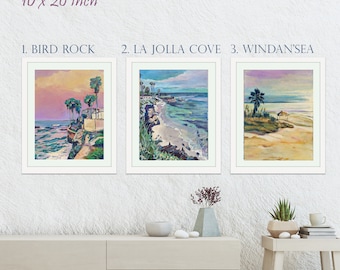 Puede incluir: Tres pinturas enmarcadas de escenas de playa, cada una mide 40,6 x 50,8 cm. Las pinturas se titulan "Bird Rock", "La Jolla Cove" y "Windan'Sea".