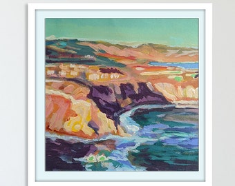 Palos Verdes, Los Angeles, Painting of Terranea, California. View from bluffs. Coastal wall art for home.  Framed Art print, Christmas Gift
