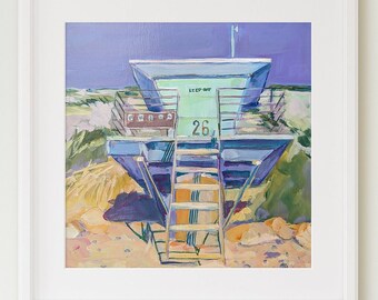 May include: A painting of a blue and green lifeguard stand with a ladder leading up to the top. The stand has a sign that says "Keep Off" and the number "26" is painted on the side. The stand is on a sandy beach with a purple sky in the background.