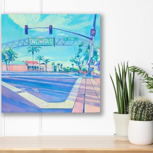 Painting of Encinitas Sign, Original art by Kate Joiner, Unique color palette of an iconic landmark in Encinitas California, Hand Painted
