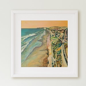 Del Mar wall art, Art print of Seagrove Park facing North towards Dog beach, Orange Sunset, Train tracks peeking at lower corner of artwork