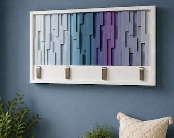 Modern Folding Wall Hooks, Wood Coat Rack, Entryway Organizer 18x28 in Blue Purple Grey
