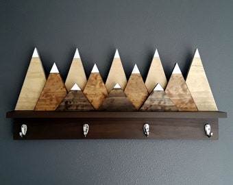 Snow Capped Mountains Wood Wall Coat Rack with Hooks, Modern Rustic Art