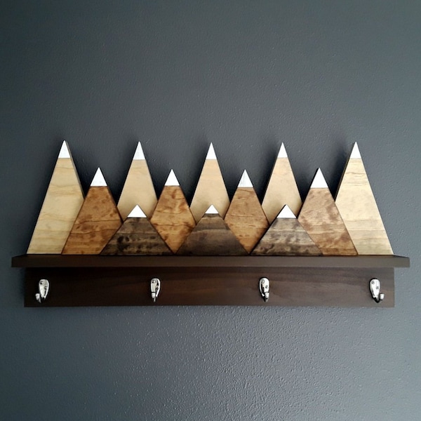 Snow Capped Mountains Wood Wall Coat Rack with Hooks, Modern Rustic Art