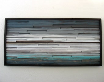 Abstract Wood Wall Art of Ocean Landscape Painting, Modern Rustic Art, 24x48 Wood Wall Sculpture, Modern Painting