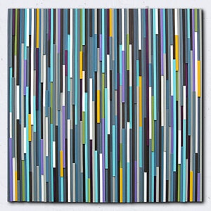 May include: Abstract wall art made of wood with vertical stripes in shades of blue, grey, white, purple, yellow, and green.