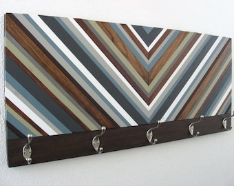 Wood Coat Rack - Chevron Art - Hat Rack - Hooks - Entryway