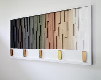 Gorgeous Wood Wall Coat Rack in Earth Tone Colors, Modern Flip Down Hook Rack in Gold, 18x36, Customizable Coat Rack, Wall Mount Rack Hooks