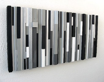 Black and White Abstract Art, Modern Wall Art Wood Sculpture Black White Greys Silver