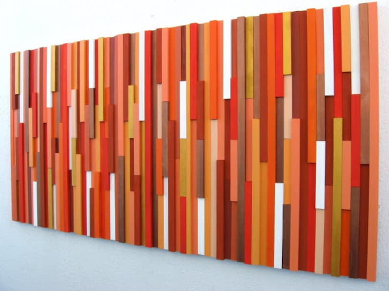 Orange Wood Wall Art, Modern Home Decor 24x48, Orange Painting, Abstract Art, Modern Rustic Art, Dimensional Wall Art, Office Art image 1