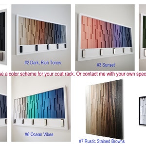 May include: Eight different color schemes for a coat rack. The color schemes include earthy tones, dark rich tones, sunset, green white and blue, blue skies, ocean vibes, rustic stained browns, and cloudy day.