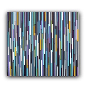 May include: Abstract wall art made of wood with vertical stripes in shades of blue, purple, grey, white, yellow, and green.