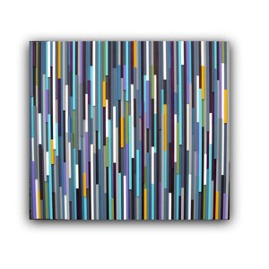 May include: Abstract art painting with vertical stripes in shades of blue, grey, purple, white, yellow, and green.