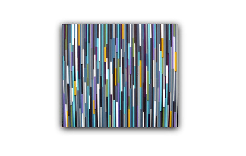 May include: Abstract art painting with vertical stripes in shades of blue, grey, purple, white, yellow, and green.