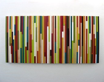 Wooden Wall Art in Red, Orange, Green and White 24x48, Modern Rustic Art