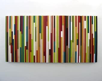 Wooden Wall Art in Red, Orange, Green and White 24x48, Modern Rustic Art