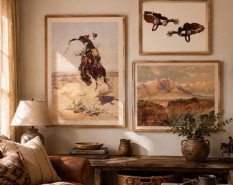 Kunstprintset met western cowboy-paardenlandschap | Rustieke ranch-galeriewand (digitale download)