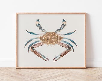 Coastal Blue Crab Illustration | Digital Print Art | Soft Neutral tones | Beach House Aesthetic | Fish Art |  Wild Violets Prints | CO0010