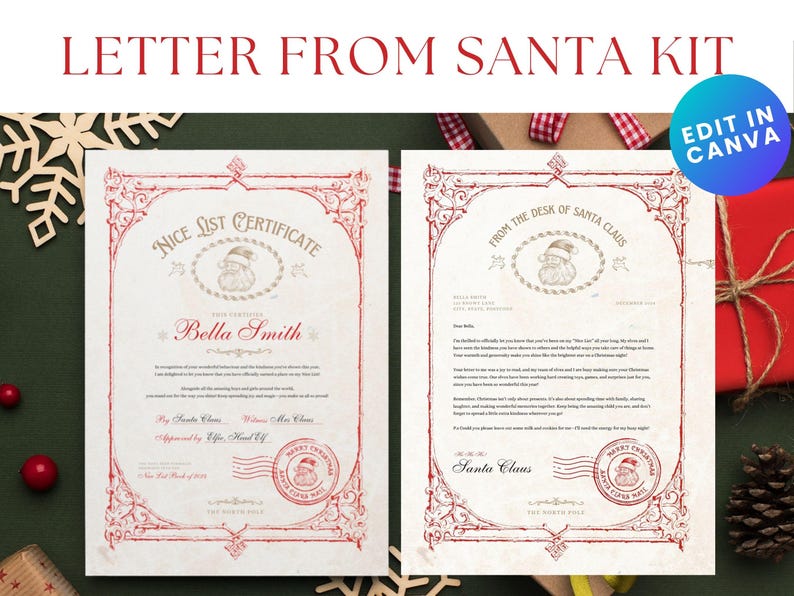 Editable Santa Letter Kit, Nice List Certificate (canva Template) - Etsy