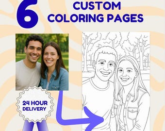 Páginas para colorear con fotos, 6 bocetos de arte lineal personalizados, regalo para familia, pareja o mascota, libro para colorear imprimible, descarga digital