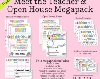 May include: A pink bundle of printable teacher resources, including editable PowerPoint slides, open house forms, and station printables. The text reads "Meet the Teacher & Open House Megapack". Includes wish list cards and contact cards.