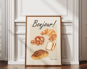 Bonjour Digital Print - Minimalist Design Wall Decor Art - French Breakfast Printable Art