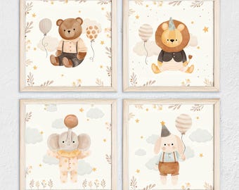 Boho Nursery Animal Wall Art Set – Bear Lion Elephant Bunny – Neutral Woodland Baby Room Decor – Printable Baby Shower Gift